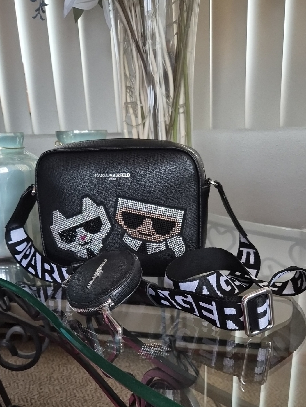 KARL LAGERFELD Black Crossbody Camera Bag with Crystal Appliques